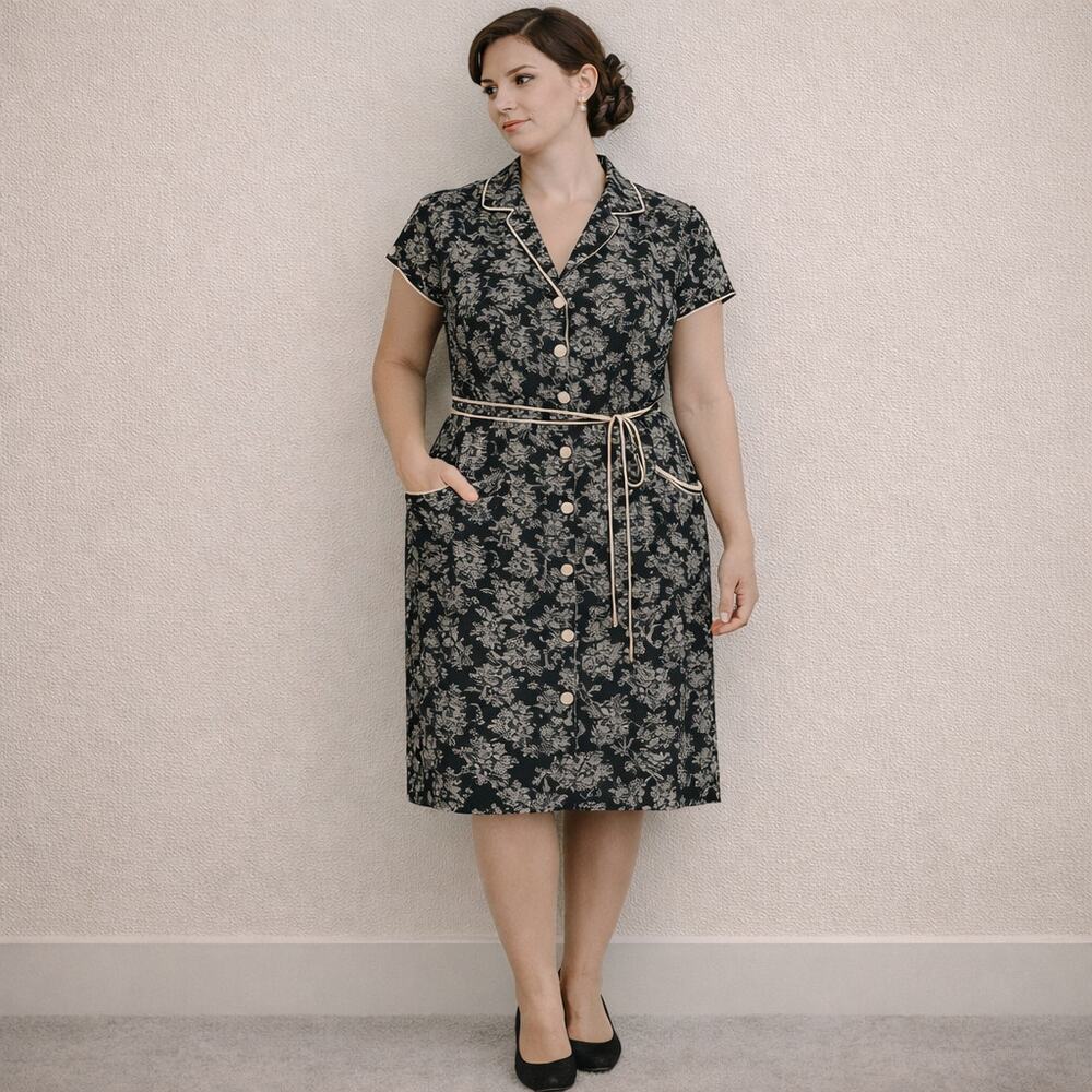 Vintage Black Belted Button Down Dress Cream Flowers, Cream Trim Pockets PTP 20"